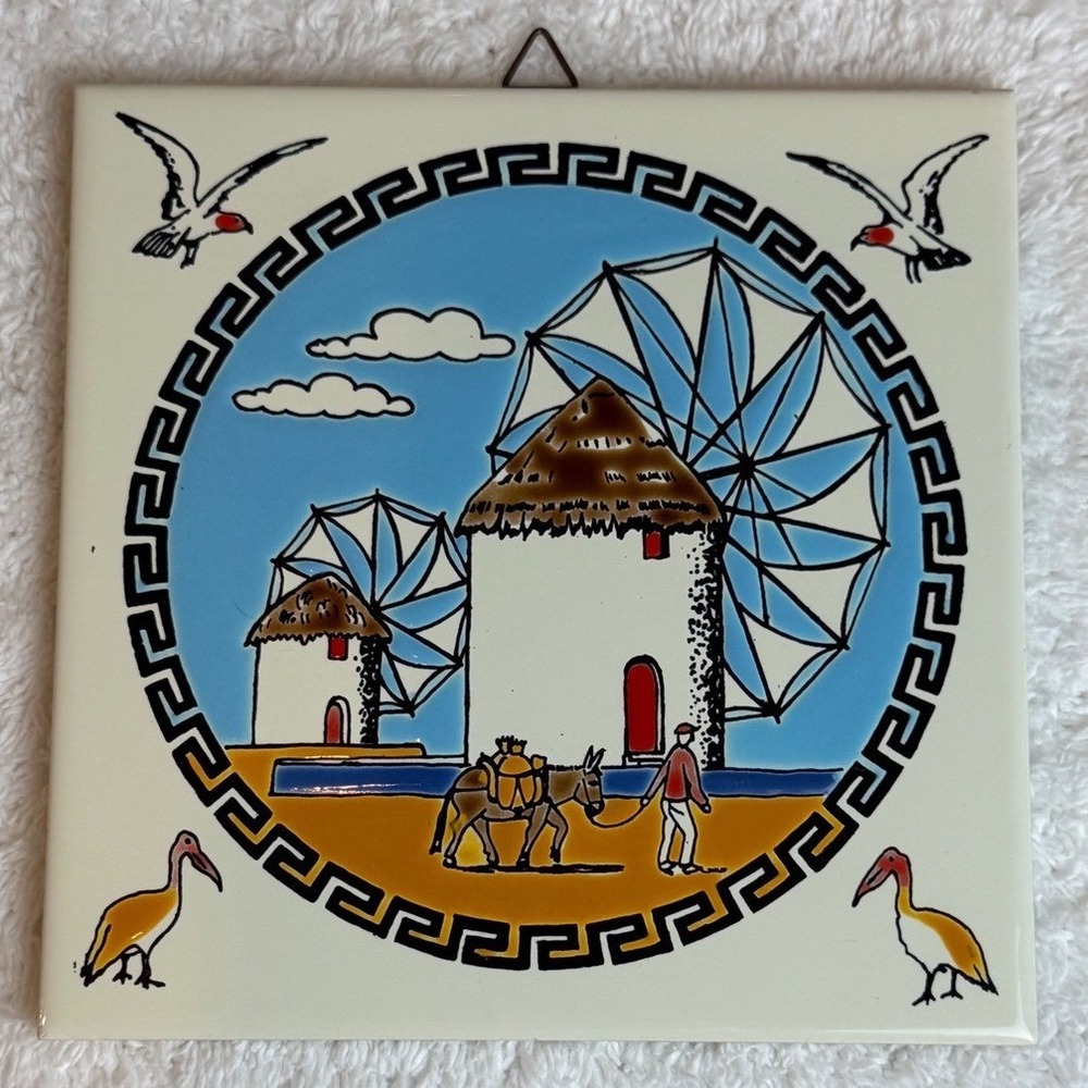 Vintage Greek Island Mykonos Windmill Ceramic Wall Tile Blue 6x6 Art